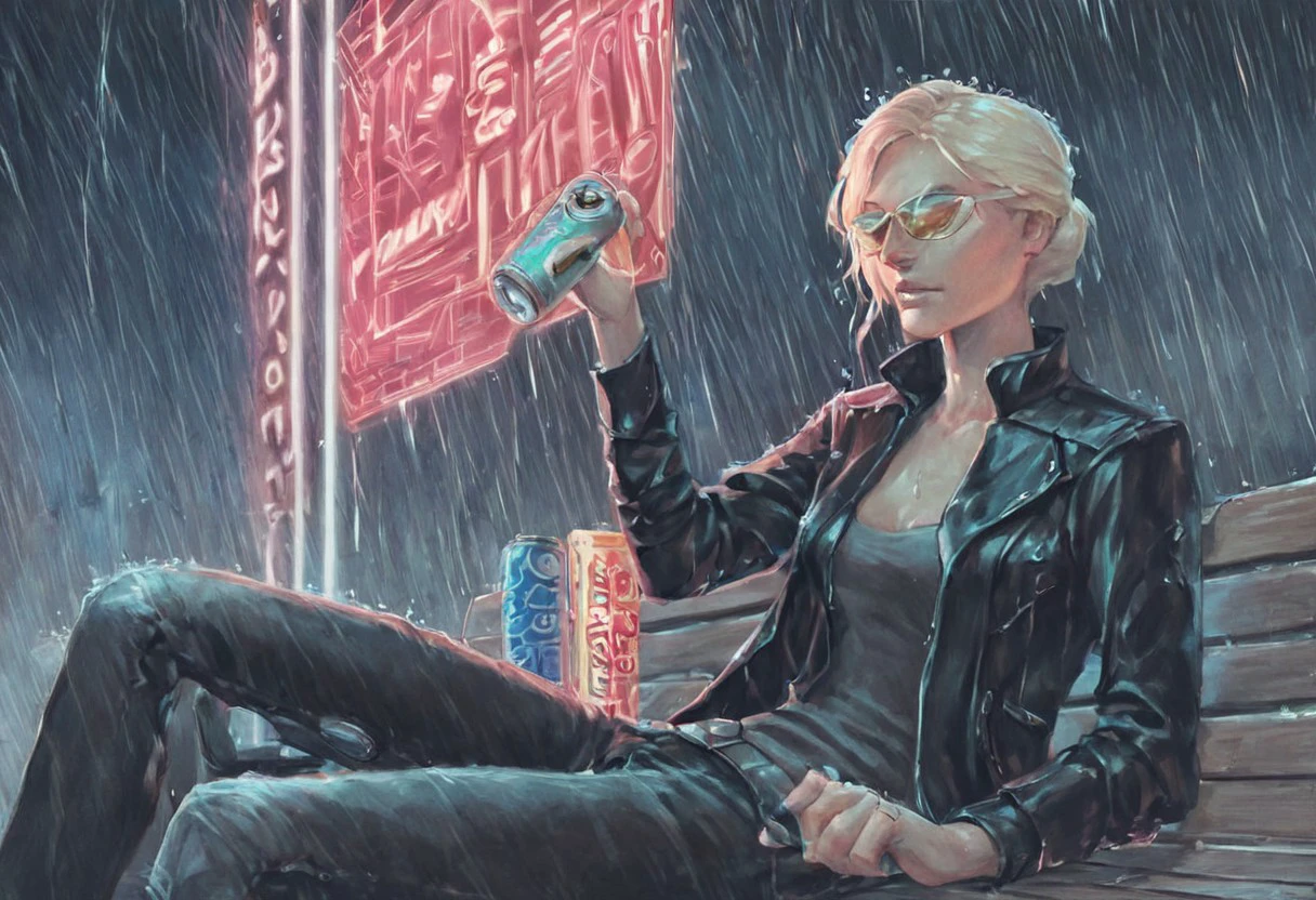 line art, water color painting, traditional media, score_9, score_8_up, score_7_up, score_6_up,  juno-eclipse, star wars, blonde, blue eyes, open clothes, pants, open jacket, black jacket, lips, night, sunglasses, denim, rain, can, bench, leather, cyborg, prosthesis, leather jacket, cyberpunk, vending machine, neon lights, sensitive