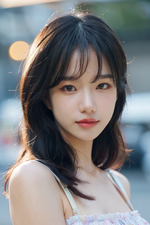 masterpiece, best quality, ultra-detailed, ultra high res, (photorealistic:1.4), raw photo, (realistic:0.2), 8k HDR, realistic lighting, looking at viewer, 1girl, solo, asymmetrical hair, outdoor, (traditional market:1.2), (day), bokeh, (detailed lips), (detailed pores), (detailed skin textures), (detailed face:1.2), (body:1.2), a woman in a sundress, cowboy shot,