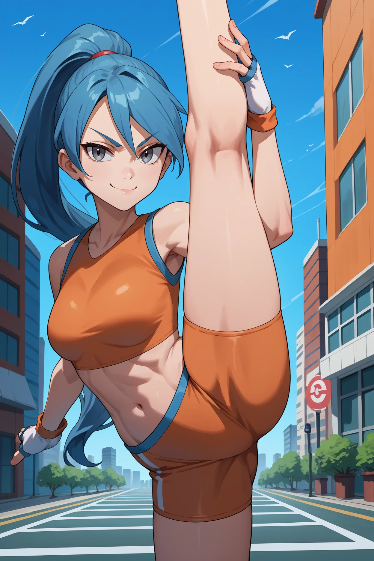 score_9, score_8_up, score_7_up, score_6_up, source_anime, 1girl, solo,  <lora:pkmnbattlegirl-pdxl-nvwls-v1-000006:1> btlgl, blue hair, grey eyes, ponytail, orange crop top, sports bra, sleeveless, midriff, orange shorts, skin tight, fingerless gloves, blue sky, city, dynamic pose, standing split, looking at you, breasts, smug, sneakers, fit