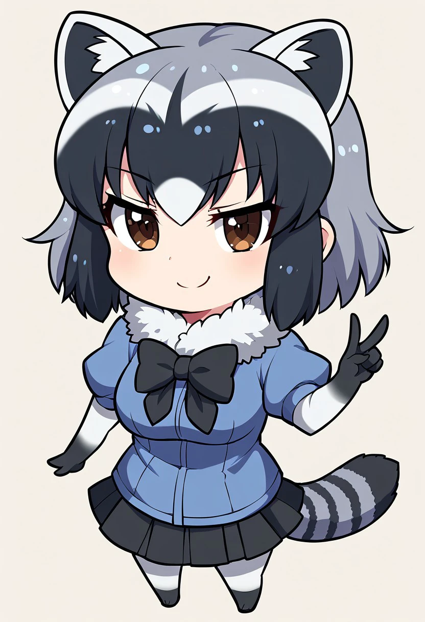 1girl, solo, best quality, ultra-detailed, extremely detailed, perfect anatomy, masterpiece, score_9, score_8_up, score_7_up, Common Raccoon (Kemono Friends), raccoon ears, brown eyes, bangs, multicolored hair, tail, raccoon tail, grey hair, black hair, white hair, short hair, black bowtie, puffy short sleeves, black gloves, elbow gloves, fur collar, pleated skirt, black skirt, blue shirt, pantyhose, black shoes, simple background, cute smile, cute look, smug smile, leaning forward, raised index finger, confident look, staring at viewer, (chibi:1.2),