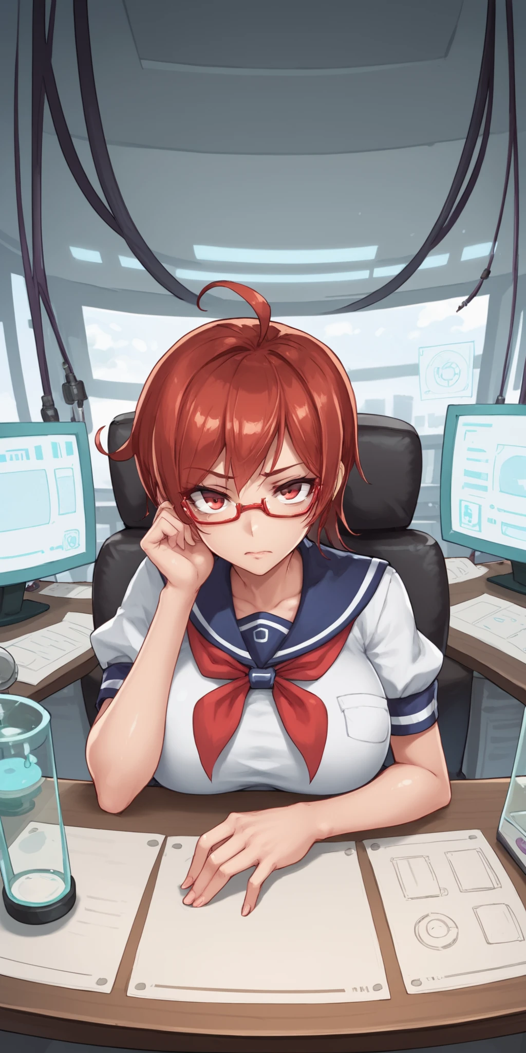 score_9, score_8_up, score_7_up, 1girl, mature female, shiny skin, <lora:Expressive_H:0.8>, <lora:InfoChan:0.8>,infochan, 1girl, red hair, short hair, red eyes, bangs, breasts, brown hair, glasses, large breasts, looking at viewer, blue skirt, red neckerchief, pleated skirt, school uniform, serafuku, sitting,  desk, red-framed eyewear, ahoge,laboratory, indoors, upper body, elbow rest,