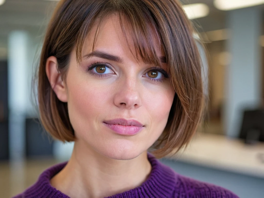 A headshot photo of a female model with short brown hair, wearing a purple sweater. A blurred office background.