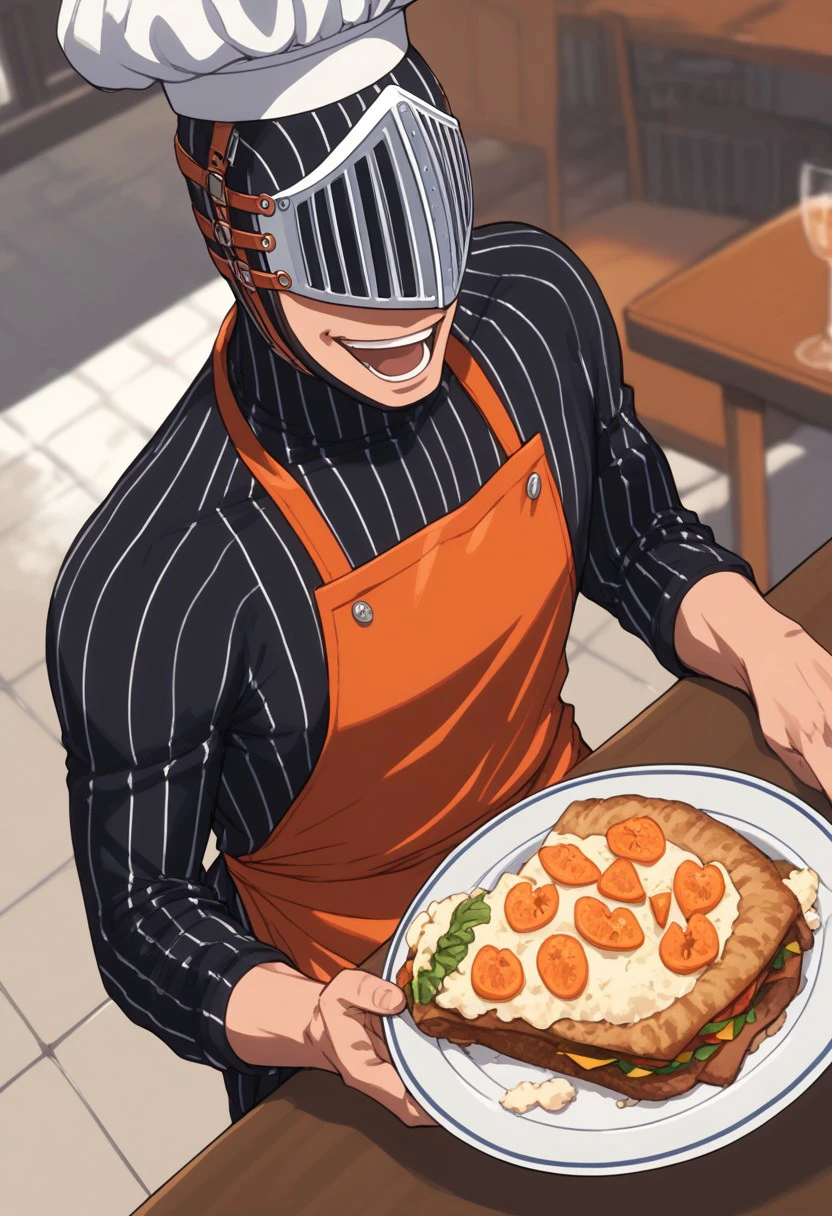 score_9, score_8_up, score_7_up, source_anime, rating_safe, holding plate, BickslowFT, grey Bickslow helmet, 1boy, male focus, orange apron, long chef hat, black-white bodysuit, open mouth, wide smile, cropped legs, blurry indoor restaurant, food on table, from above-side, dutch angle, realistic shading,