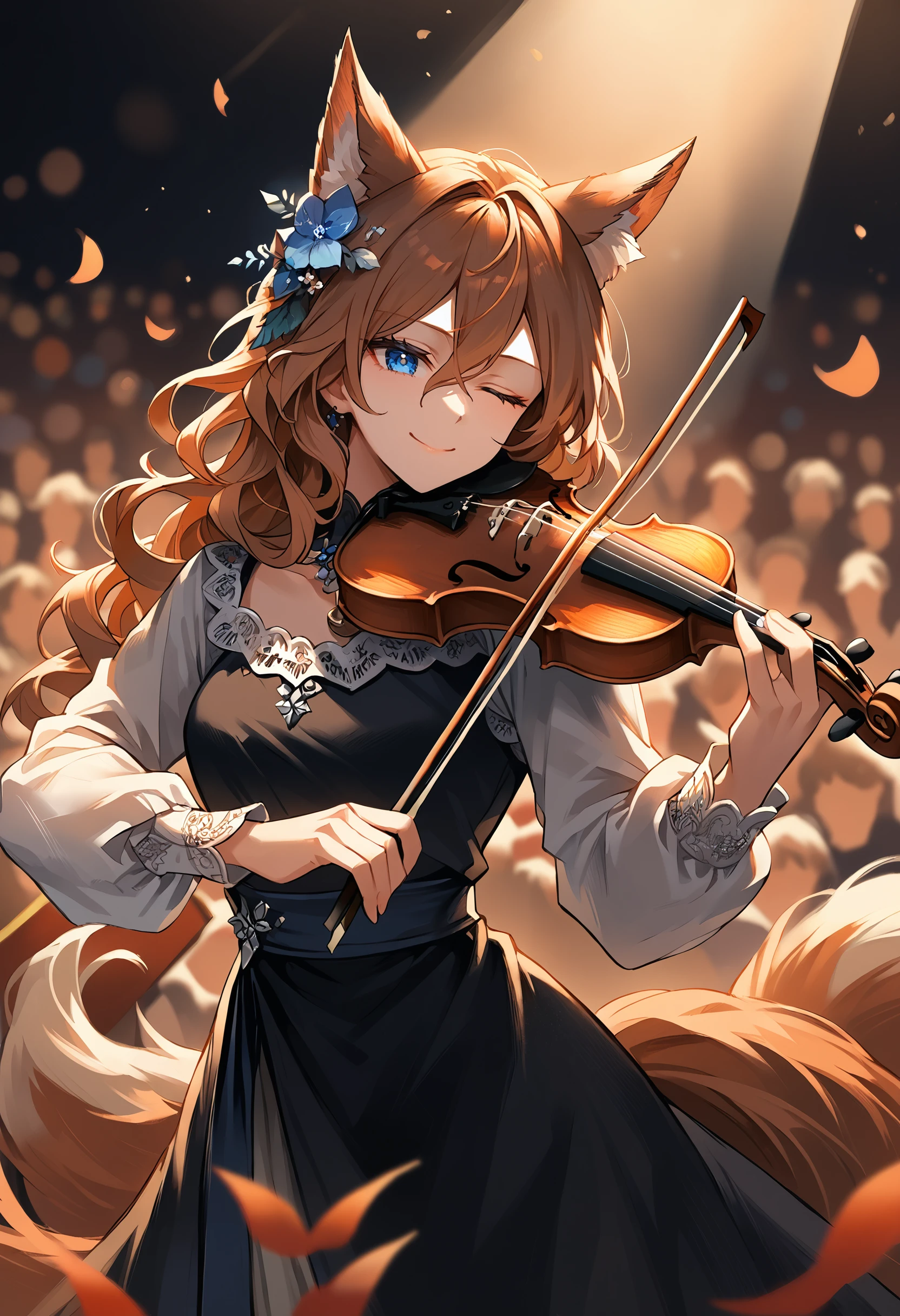 score_9, score_8_up, score_7_up,masterpiece,solo,  highly detailed, fox girl, brown hair, wavy hair, blue eyes, long hair, hair between eyes, playing-violin, violin, holding, bow \(music\), playing violin, one eye closed, smile, tail,  standing,hair flower ornament, concert hall, black dress, spotlight, long dress, audience
 <lora:Playing Violin (pony) v1:1>