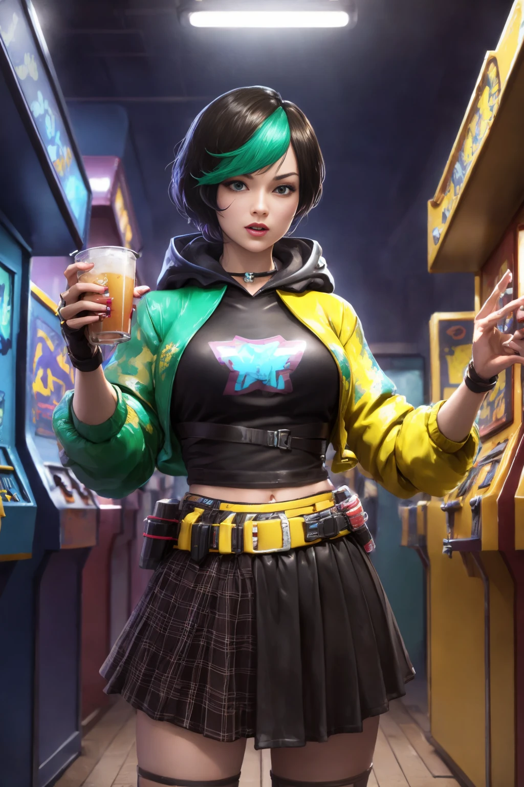 cinematic film still, two colors jacket, (yellow and green jacket:1.3), cropped hoodie, breasts, fingerless gloves, jacket, black hair, solo, 1girl, looking at viewer, skirt, belt, black hair,   <lora:Steffie_Free_Fire:0.8>, Retro Arcade Corner: A playful retro arcade corner features vintage arcade machines, pinball tables, and classic gaming consoles. Patrons can reminisce about their favorite childhood games while enjoying their favorite beverages.,  warm light,  daylght, dawn, sunlight, shallow depth of field, vignette, highly detailed, high budget,  cinemascope, moody, epic, gorgeous