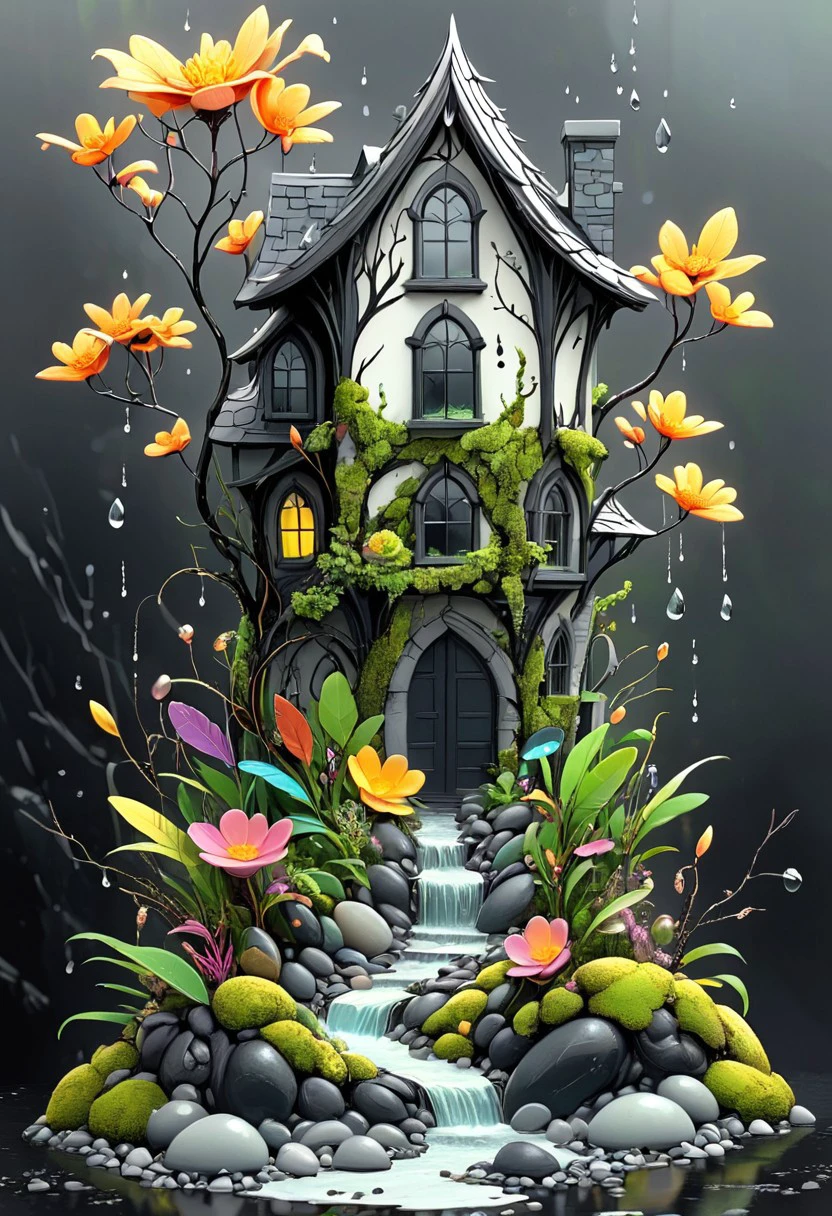 artmdfstff2, fantasy art, nature, conglomerate, sunlight, nature, outdoors, scenery, flowers, rain  black linework, white background, neon's and pastels, fantasy setting, world building, dark fantasy, organic, made of stuff, construct, moss, Leaves, petals, pebbles, water, sand, feathers, twigs