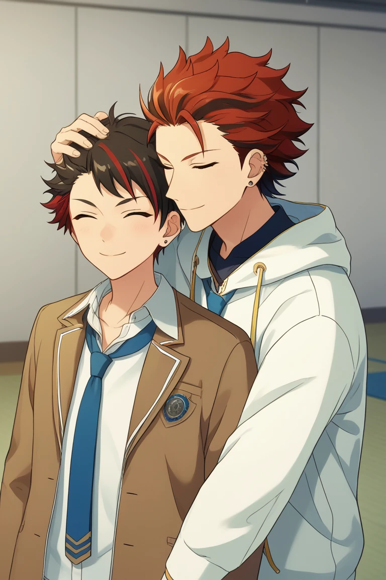 score_9, score_8_up, score_7_up, score_6_up, masterpiece, best quality, amazing quality, best aesthetic, absurdres, intricate details,
kuro kiryu, red hair, green eyes, earrings, two-tone hair, tetora nagumo, multicolored hair, black hair, yellow eyes, 2boys, multiple boys, male focus, closed eyes, jacket, smile, necktie, piercing, school uniform, shirt, ear piercing, jewelry, white shirt, streaked hair, short hair, hand on another's head, hoodie, hood, blue necktie, white hoodie, long sleeves, necklace<lora:EMS-456862-EMS:1.000000>