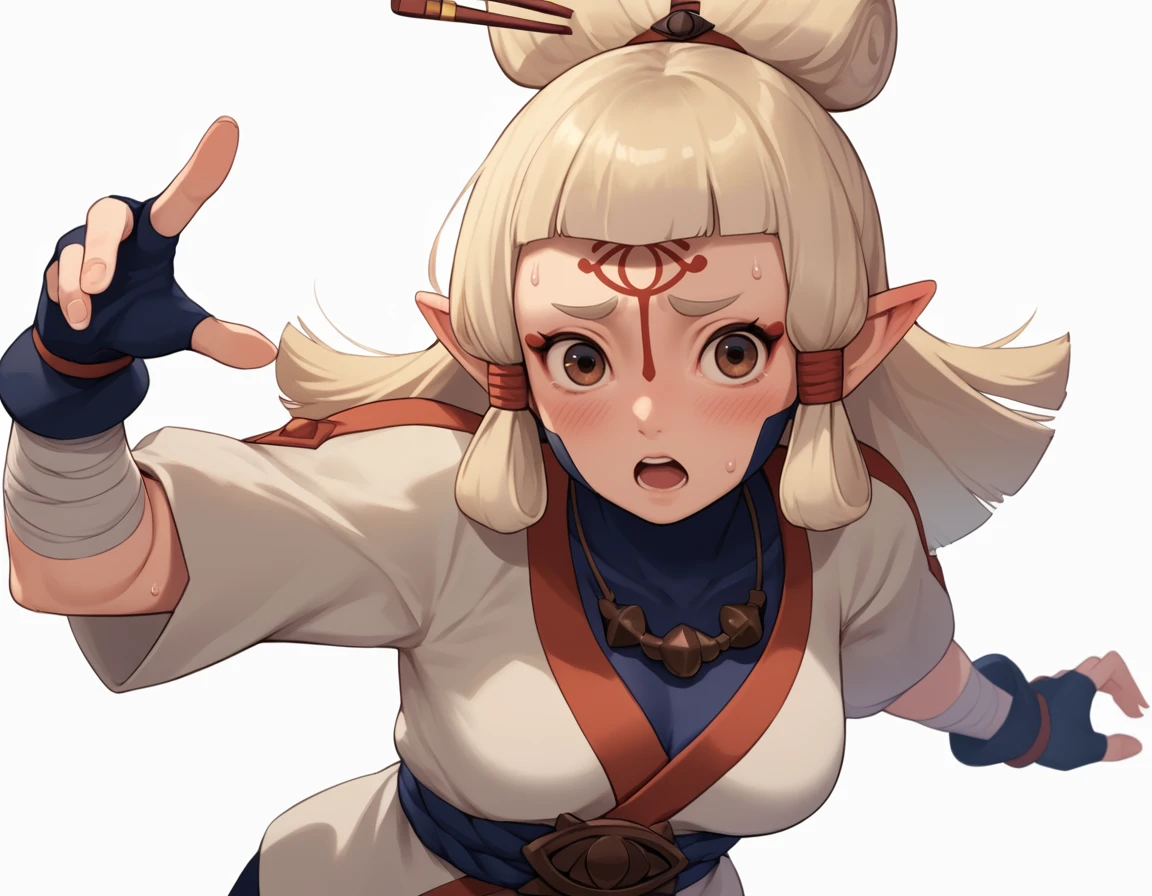 <lora:Paya (Zelda):1>,1girl, bandages, blonde hair, blush, breasts, cowboy shot, fingerless gloves, full body, looking at viewer, necklace, open mouth, paya \(zelda\), sheikah, solo focus, sweat, white background, score_9, score_8_up, score_7_up, source_anime,