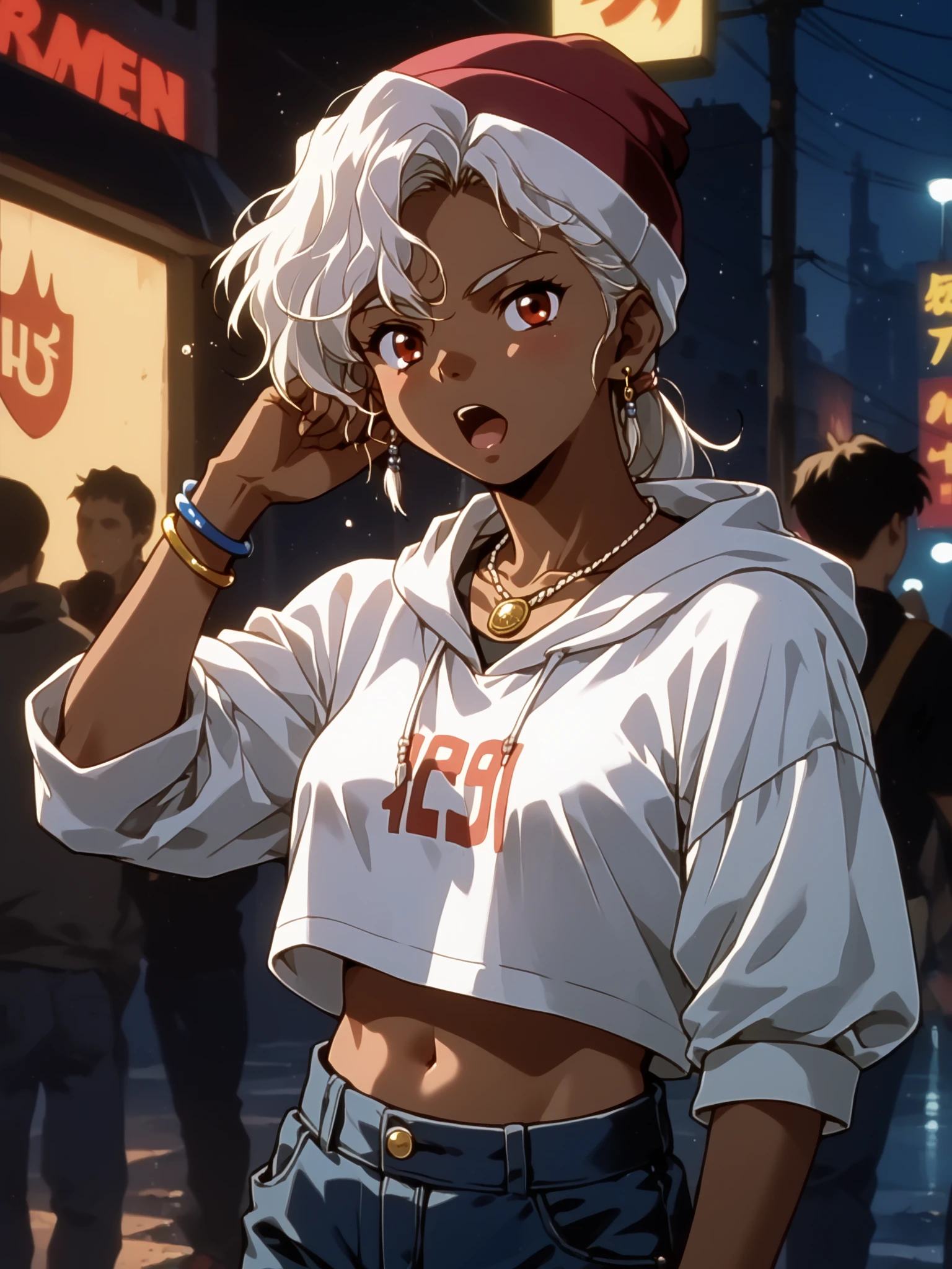 (upper body, solo focus:1.2) <lora:rita-v0.2:1>, ht_rita, white hair, jewelry, necklace, dark skin, dark-skinned female, medium breasts, 1990s \(style\), retro artstyle (petite:1.2), <lora:Shed_The_Skin's StS_age_slider_v1_initial_release:-1.5> ( :1.1) (sagging breasts:1.2) ( , , (drunk :1.2) , torogao , (looking at viewer:0.6) :1.1) outdoors, vegetation, (overgrown :1.1), , (night, night sky :0.6), , ((sidelighting:0.5), (light rays, light particles:0.5) :0.5), , ( :0.9), (contemporary, streetwear:1.2), baggy pants , beanie , cropped shirt , hoodie , two-sided fabric, (jewelry:1.2), earrings, bracelet, necklace, , ( :0.8) score_9, score_8_up, score_7_up, score_6_up, score_5_up, score_4_up, ( [(realistic, photorealistic:1.3):(realistic:1.2):14] [(3d:1.2)::12] [:anime coloring:10] :1) <lora:LUUNA's Lunas-NijiJourney-SDXL-B2:0.35>, nijijourney <lora:prgfrg23's Counterfeit-V3.0 Style SDXL_LoRA_Pony Diffusion V6 XL:0.6> <lora:mfcg's mfcgXL:0.12> <lora:reweik's gyokai(himehajime)_PonyXL_style_v01:0.14>