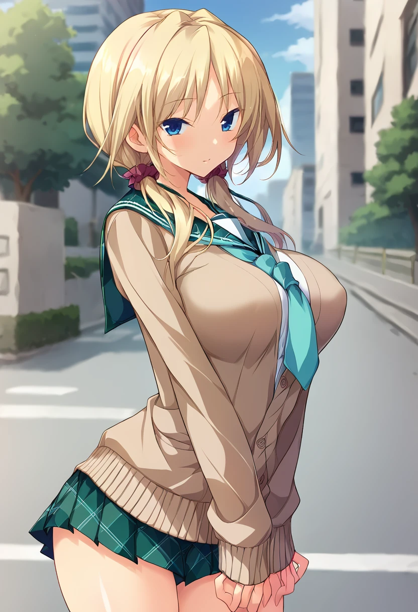 ((Outdoor、Town))、Girls&#39; High 、skirt、(((shirt lift, bra lift)))、((Large areola))、((((Nipples))))、((((both hands on own breasts))))、Embarrassed face、((Troubled face))、blush,(((looking at the camera)))、((Photographed from the front))、(((カメラマンがNipplesを撮影している、 fully exposed)))、Full body photo,(((Highly detailed CG,8k)))