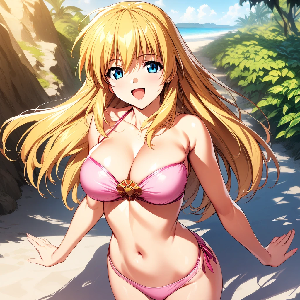 (masterpiece),(best quality),(ultra-detailed),(best illustration),(best shadow),(absurdres),(detailed background),(very aesthetic), rosette_christopher, 1girl, swimsuit, solo, bikini, long hair, blue eyes, pink bikini, breasts, large breasts, cleavage, blonde hair, , bandeau, strapless, open mouth, smile, blonde hair <lora:Rosette_Christopher:1>