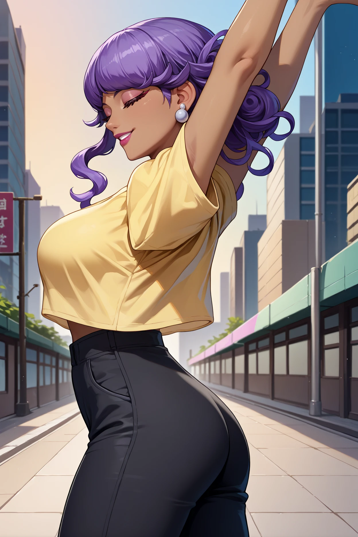 score_9, score_8_up, score_7_up, score_6_up, source_anime, 1girl, solo,  <lora:pkmntulip-pdxl-nvwls-v1-000005:1> pmTlp, dark-skinned female, purple hair, wavy hair, medium hair, eyelashes, earrings, lipstick, big breasts, yellow t-shirt, closed eyes, smile, black pants, stretching, from side, city, arms up