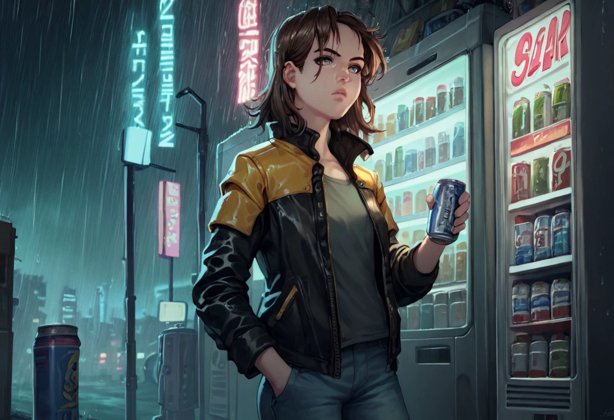 anime coloring, score_9, score_8_up, score_7_up, multicolored eyes, gray eyes, Arya-stark,  brown hair, solo, pants, open jacket, black jacket, lips, night, denim, rain, can, leather, cyborg, prosthesis, yellow leather jacket, cyberpunk, vending machine, neon lights, general