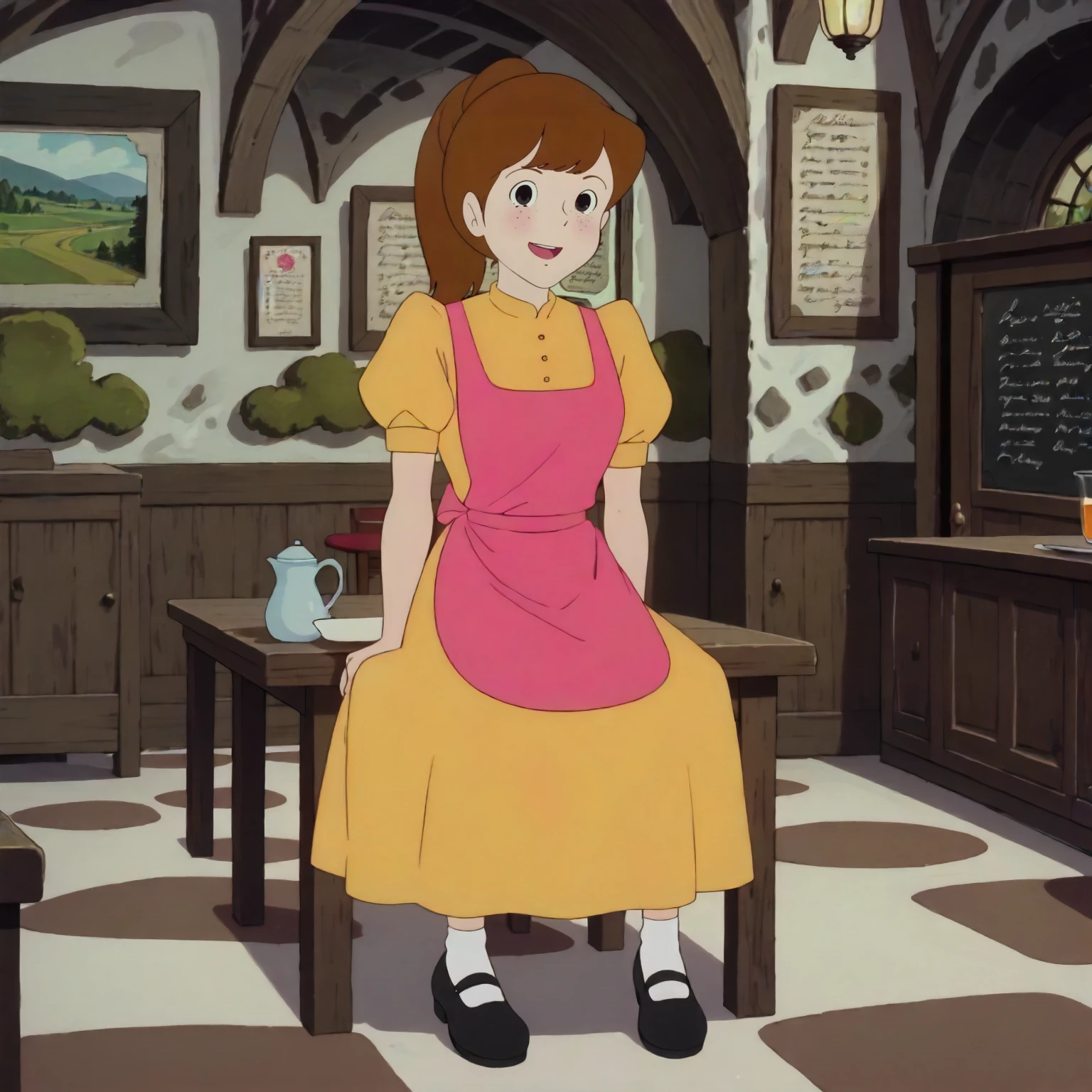 <lora:TCoC_WaitressXLpony002>,
indoors,
looking at viewer,smile,open mouth,
solo,
Waitress,1girl,brown hair,ponytail,black eyes,
yellow dress,puffy_sleeves,short_sleeves,pink apron,
full body,sitting,