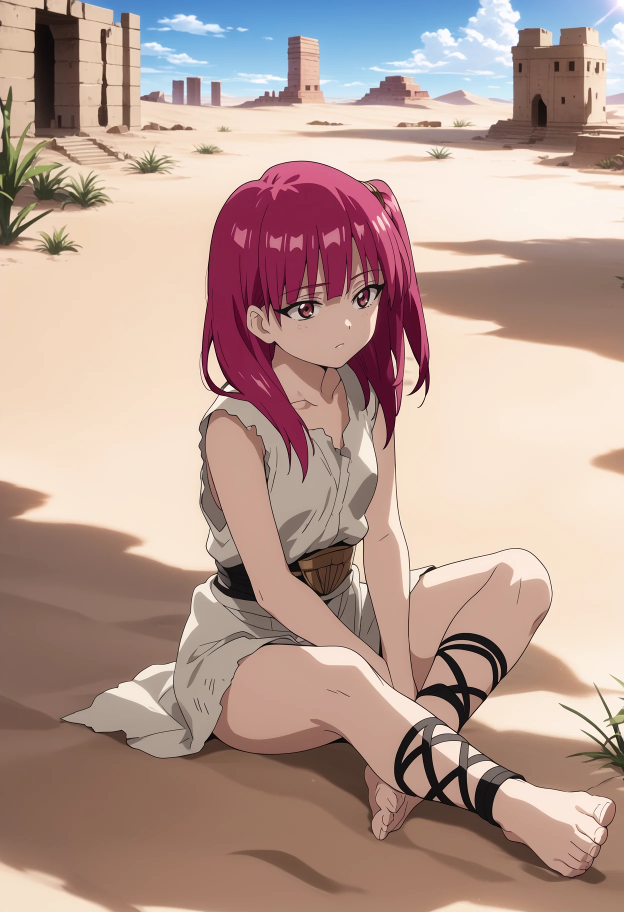 score_9, score_8_up, score_7_up, anime screencap, BREAK
morgiana, 1girl, red hair, one side up, red eyes,
ankle lace-up, barefoot,
sitting,  sky, solo, sky, sunshine, cloud, outdoors, desert ruins background, dune, sand <lora:MorgianaXL:1>