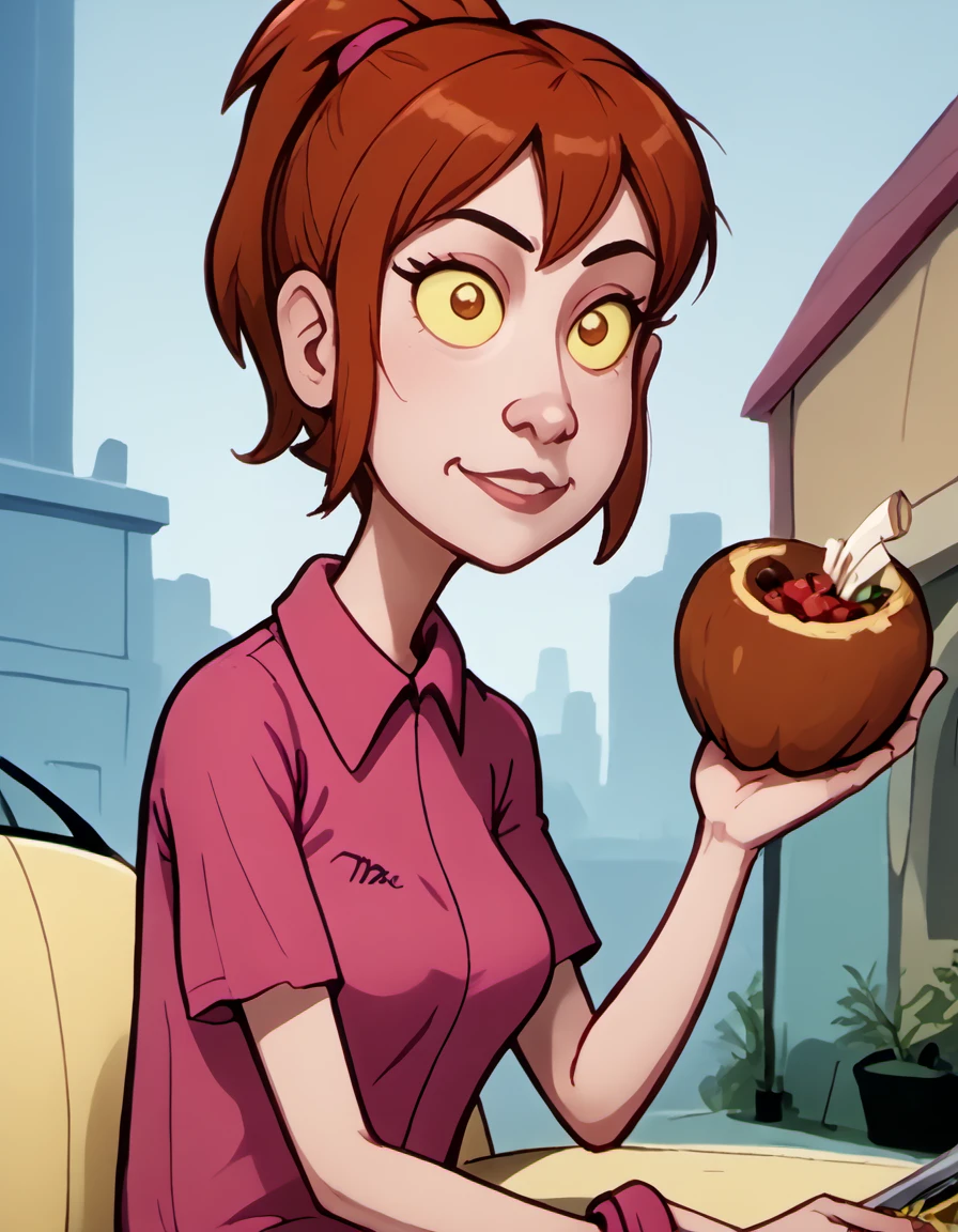 <lora:Jim_Kuback_-_Mission_Hill:1.0> mh_jim, 1girl, unibrow, red_hair, pink_buttondown_shirt, mac_shirt, jeans, yellow sclera, breasts, female focus,, source_cartoon, score_9, score_8_up, score_7_up,