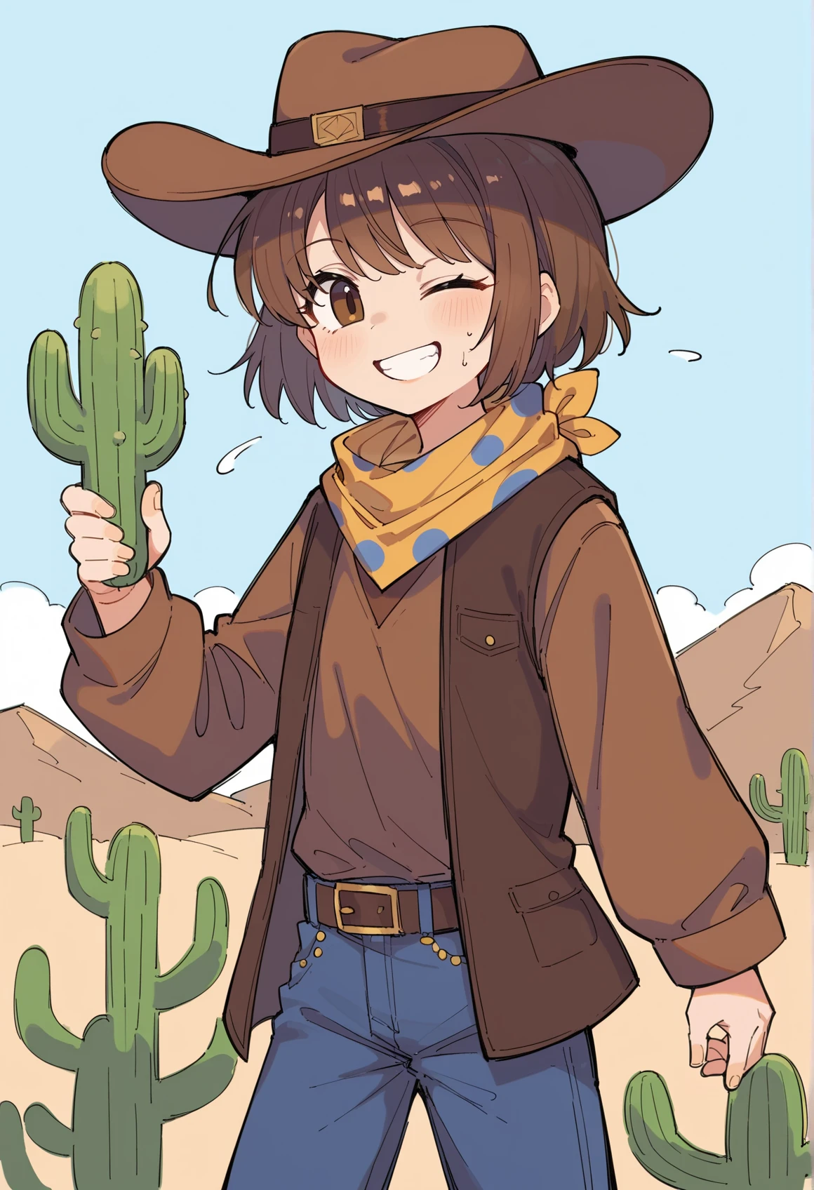 outdoors, desert, cactus, sweat, 1girl, smile, wink, brown hair, short hair, brown eyes, cowboy hat, Bandana Around Neck, polka dot, brown shirt, long sleeves, vest, belt, jeans  <lora:Clover_Undertale:1>, score_9, score_8_up, score_7_up, score_6_up, score_5_up, score_4_up, BREAK source_anime, masterpiece