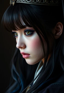 closeup side profile hyperdetailed photograph of stunning japanese medieval princess, 20 years old, dark eyeshadow, make-up, long dark hair with blue highlights, bangs, brown eyes, hair between eyes, intricate tiara, detailed eyes. High Detail, Perfect Composition, realistic photographic image, interesting lighting