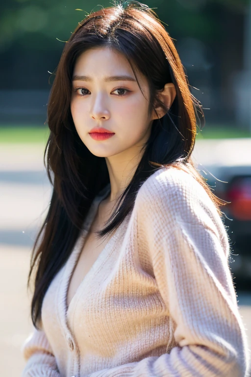 masterpiece, best quality, ultra-detailed, ultra high res, (photorealistic:1.4), raw photo, (realistic:0.2), 8k HDR, realistic lighting, looking at viewer, 1girl, solo, asymmetrical hair, outdoor, (traditional market:1.2), (day), bokeh, (detailed lips), (detailed pores), (detailed skin textures), (detailed face:1.2), (body:1.2), a woman in a cardigan, cowboy shot,