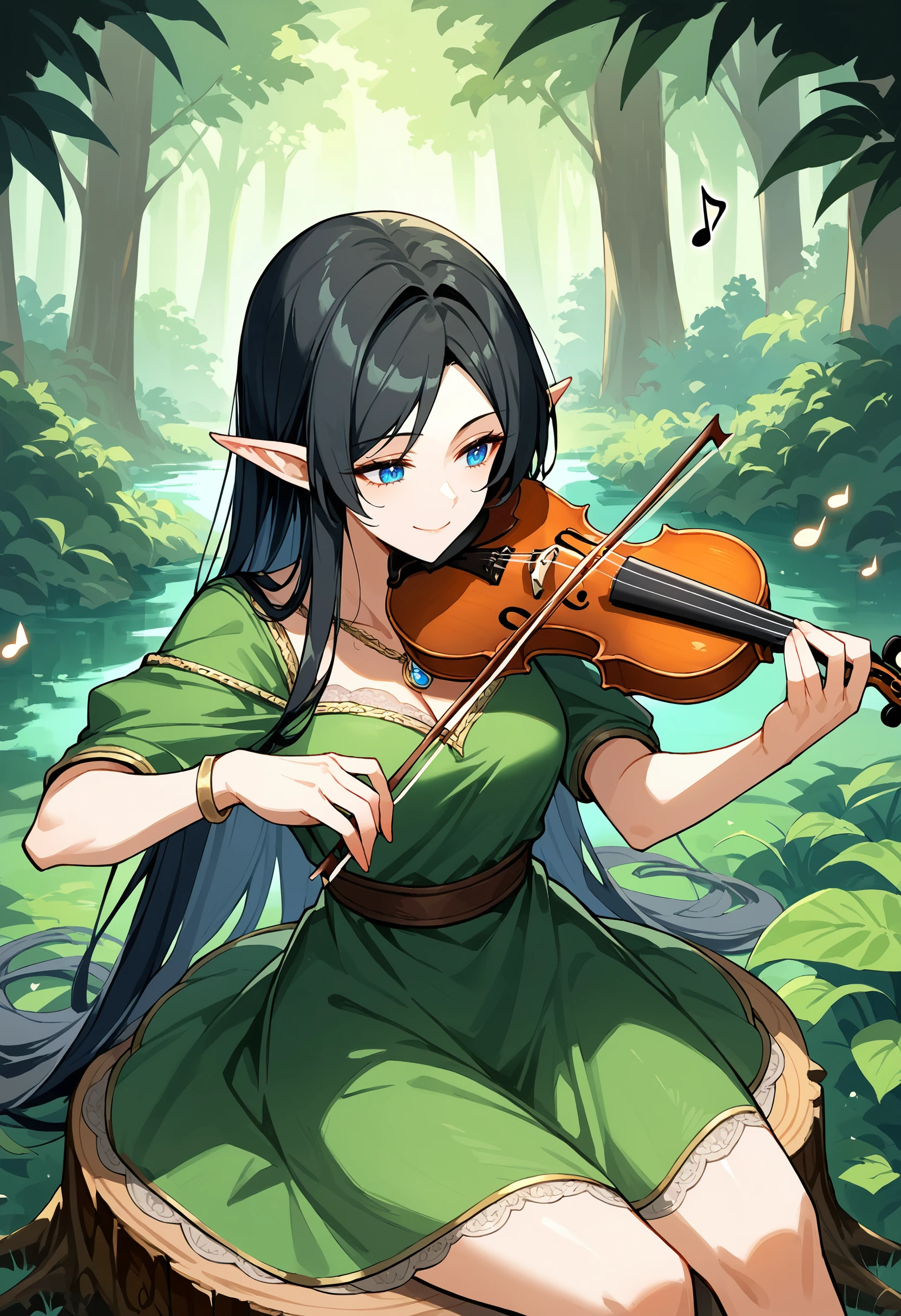 score_9, score_8_up, score_7_up, solo,anime, 1girl, elf, black hair, blue eyes, very long hair, necklace, pendant, forest, beautiful dress, fantasy, medieval,  playing-violin, violin,holding, bow (music), playing violin, translucent, green dress, lace trim, gold details, plants, sitting on tree stump, from above,  smile, magic, (glowing music notes:1.1), seiza, short dress
<lora:Playing Violin (pony) v1:1>