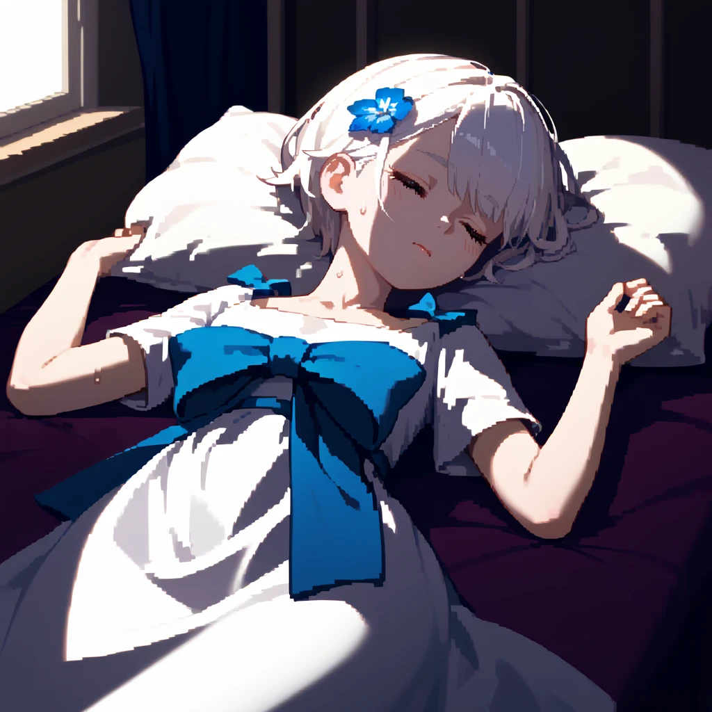 one-girl, Wear blue short sleeves, blue color eyes, on top of the bed,pillow head, Study desk, janelas, rays of sunshine, White hair, bow hair band, hyper HD, Masterpiece, ccurate, High details, Best quality