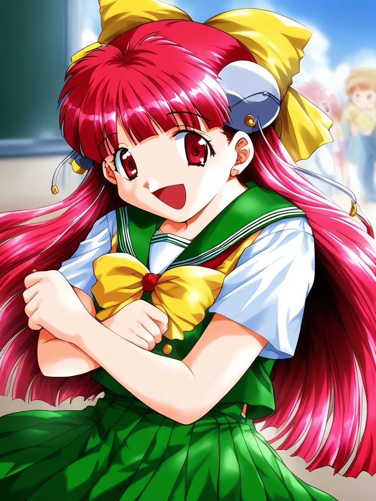 score_9, score_8_up, score_7_up, source_anime, rating_explicit, BREAK  <lora:Nanako_RISE_XL:1>ãNanako_RISE, long hair, red hair, red eyes,  bangs,  hair bow, headgear, yellow bow,
 pink hair, skirt, Yellow school uniform, smile, open mouth, bow, hat, green skirt,  short sleeves