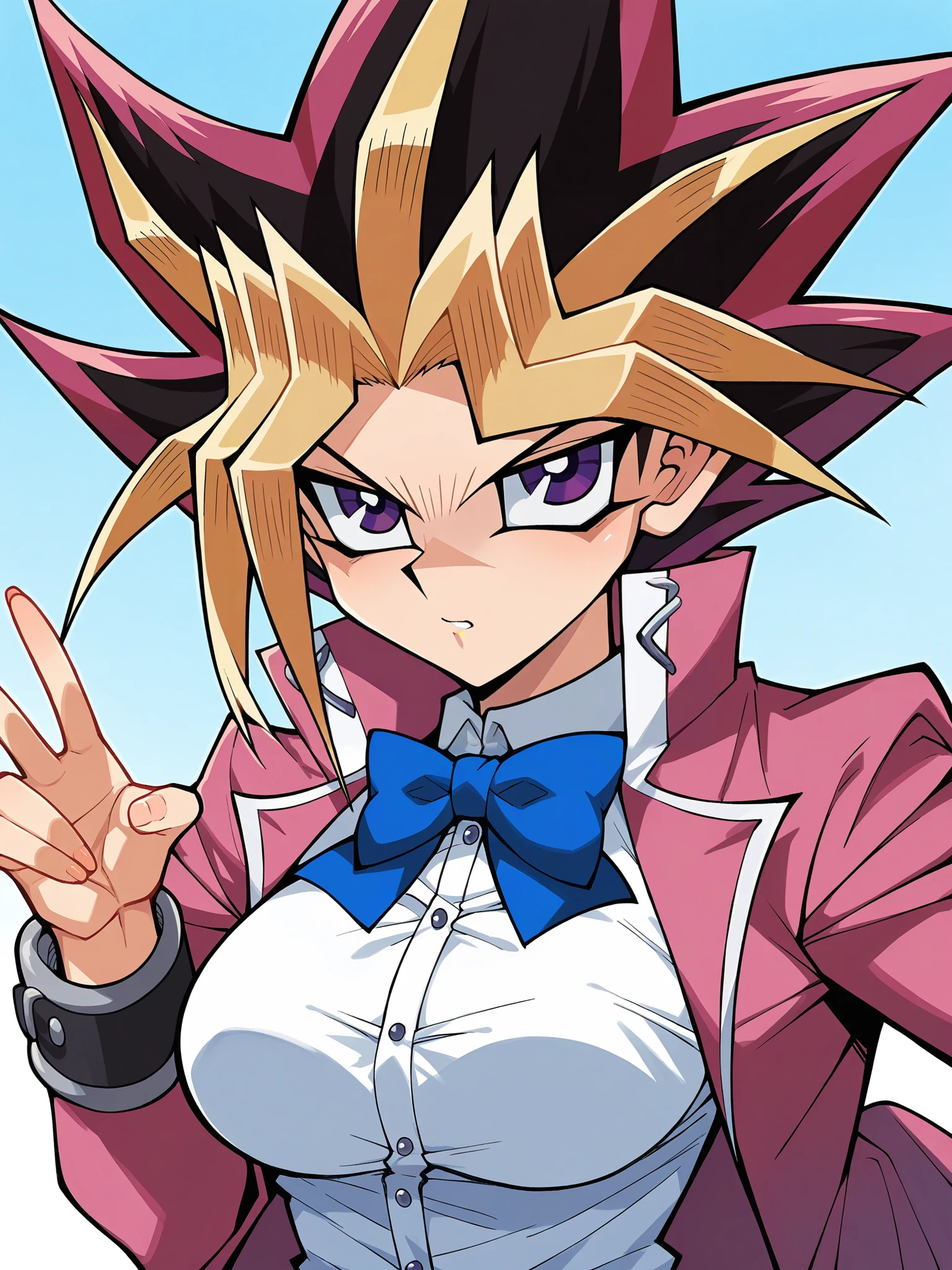 score_9, score_8_up, score_7_up, score_6_up, score_5_up,
Yugi, blonde_hair, purple_hair, multicolored_hair, dyed_bangs, two-tone_hair, large_breasts, v-shaped_eyebrows, purple_eyes,
Upper_Body, pink_coat, pink_blazer, white_shirt, blue_bow, large_breasts, 
 <lora:Yami_Yugi_R63_V2:1>