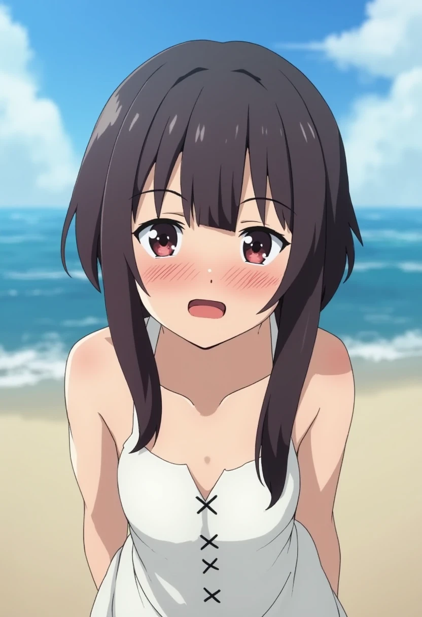 still frame from a high quality japanese anime from 2021, megumin dressed in a white camisole dress she is looking at the camera mouth opened, beach out doors, 4k, intricate details,