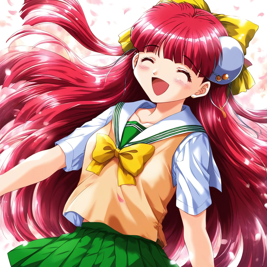 score_9, score_8_up, score_7_up, source_anime, rating_explicit, BREAK  <lora:Nanako_RISE_XL:1>ãNanako_RISE, long hair, red hair, closed eyes,  bangs,  hair bow, headgear, yellow bow,
 pink hair, skirt, school uniform, smile, open mouth, bow, hat, green skirt, brown hair, closed eyes, pleated skirt, pink eyes, sailor collar, blush, short sleeves