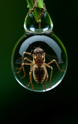 An insect trapped in a water droplet, microscopic details, high resolution