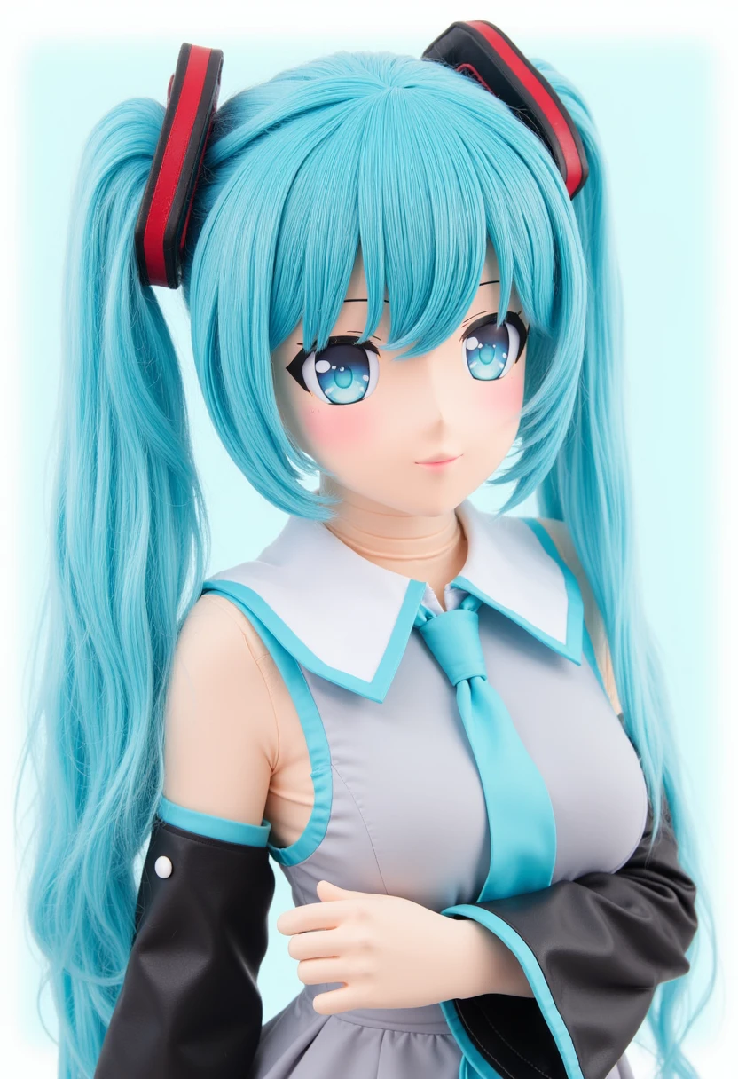 Realistic stock images. Hatsune Miku girl. aqua eyes, aqua hair,