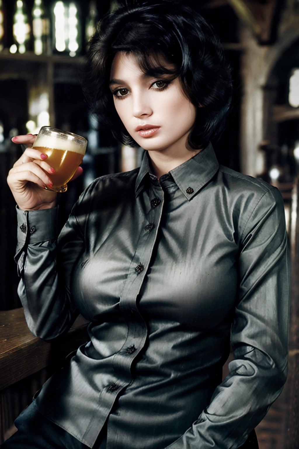 annaven123,black hair,(high cut buttoned up  long sleeve shirt:1.2),drinking a glass of ale in an Irish pub . High dynamic range,vivid,rich details,clear shadows and highlights,realistic,intense,enhanced contrast,highly detailed,<lora:breastsizeslideroffset:-0.2>,e,<lora:annaventy-15:1>,