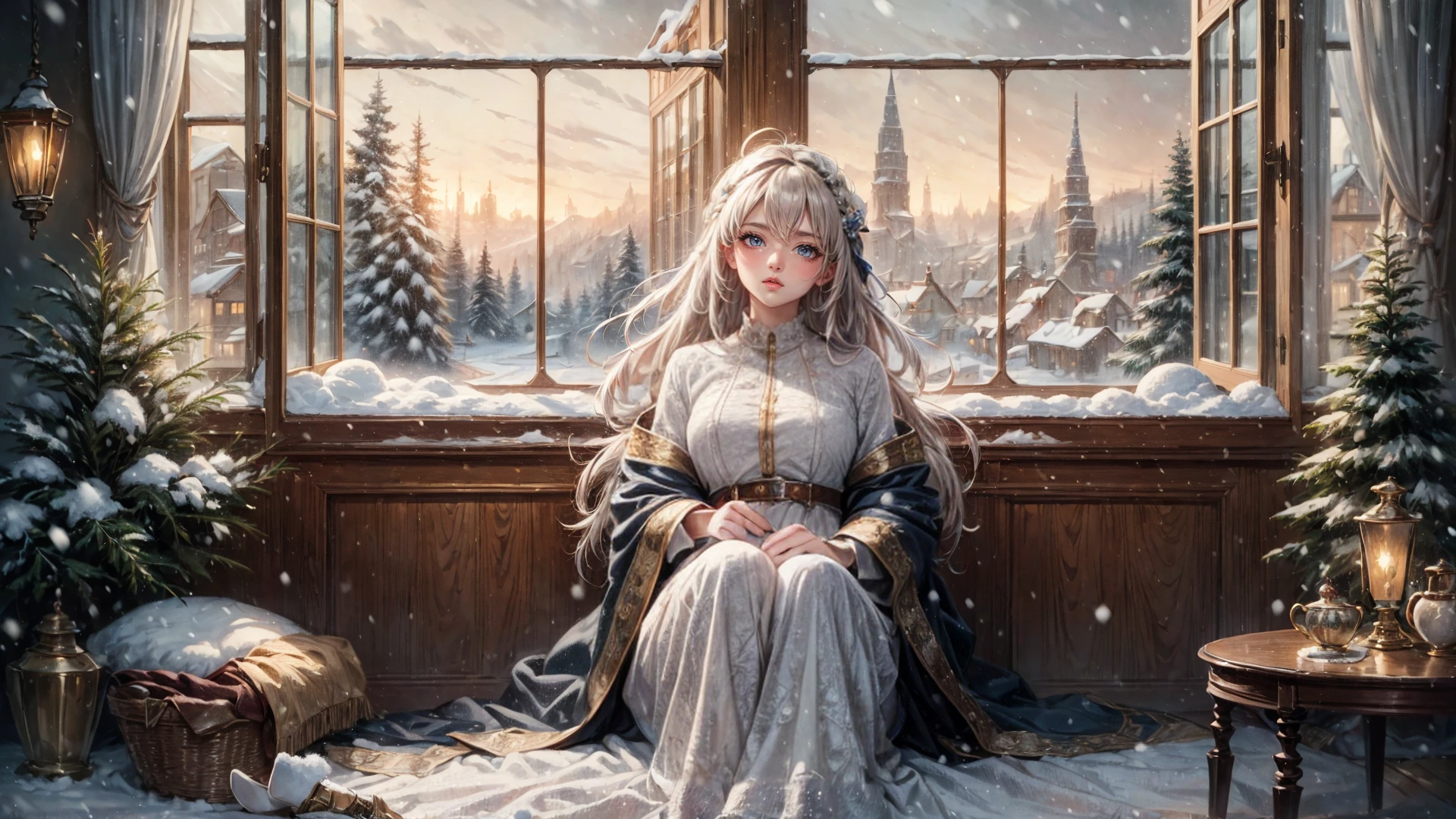 ethereal fantasy concept art of  1girl, sitting, indoors, window, snow, <lora:snowbound_1:0.7>, snowbound, high quality, highres, masterpiece, best quality, 8k, intricate, detailed, <lora:add_detail:0.6> . magnificent, celestial, ethereal, painterly, epic, majestic, magical, fantasy art, cover art, dreamy