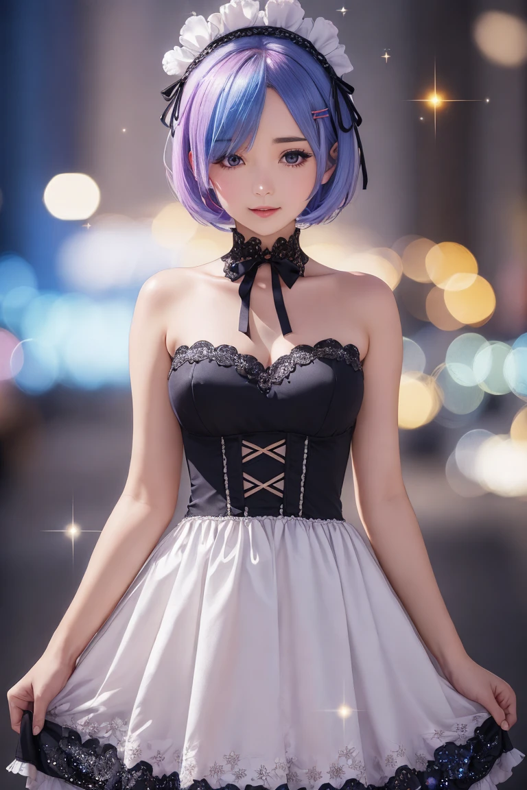 a beautiful rem\(rezero\), maid dress, strapless maid dress, vivid color, looking at viewer, bokeh, (sparkling:1.75), excellent quality, masterpiece, amazing intricate finely detailed, volumetric lighting, ultra-HD, UHD, 8K, 16K