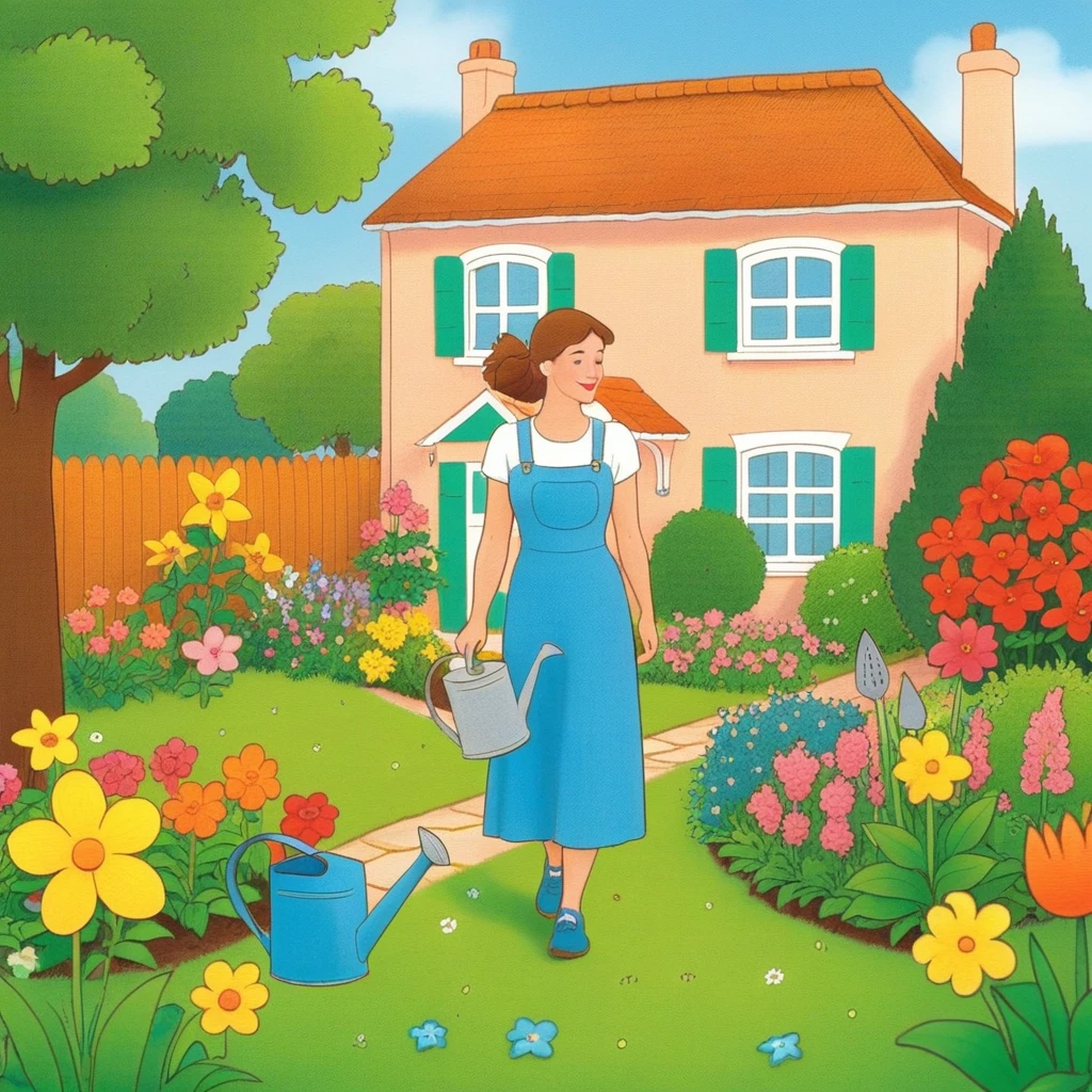 <lora:flat-illustration:1>,
A house with a garden. There are flowers in the garden and a woman holding a watering can.