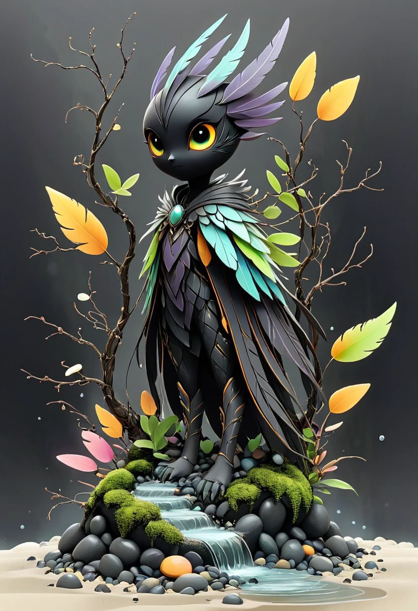 artmdfstff2, warlock, character concept, black linework, white background, neon's and pastels, fantasy setting, world building, dark fantasy, organic, made of stuff, construct, pokemon, moss, Leaves, petals, pebbles, water, sand, feathers, twigs