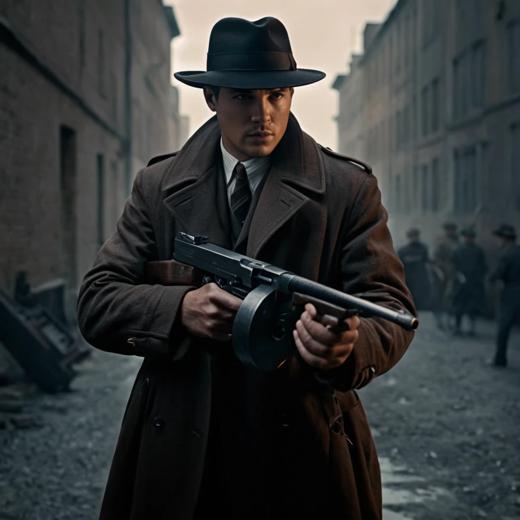 UHD, 4k, ultra detailed, cinematic, a photograph of  <lora:1921A Thompson submachine gunv5:1>
1921A submachine gun a man in a hat holding a gun, sharp, detailed, cinematic, perfect hand holding gun, perfect hand holding weapon, detailed gun, detailed weapon, perfect weapon, perfect gun, 1921A style, 1930's, 1940's, classic style, film noir style, solo, long sleeves, 1boy, hat, holding, jacket, upper body, weapon, male focus, holding weapon, from side, gun, scar, holding gun, rifle, brown jacket, realistic, old, trench coat, closed mouth, coat, brown headwear, wrinkled skin
, epic, beautiful lighting, inpsiring