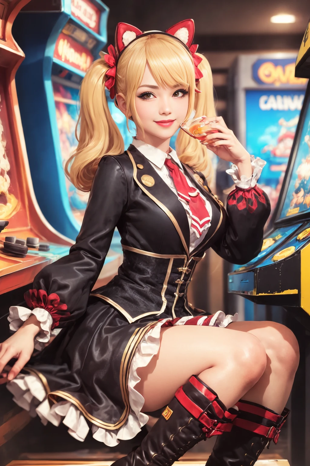 cinematic film still, brown eyes, hhigh heel boots, school uniform, blonde hair, 1girl, animal ears, looking at viewer, boots, twintails, cowboy shot,  looking at viewer, smile,   <lora:Caroline_Free_Fire:0.8>, Retro Arcade Corner: A playful retro arcade corner features vintage arcade machines, pinball tables, and classic gaming consoles. Patrons can reminisce about their favorite childhood games while enjoying their favorite beverages.
shallow depth of field, vignette, highly detailed, high budget,  cinemascope, moody, epic, gorgeous