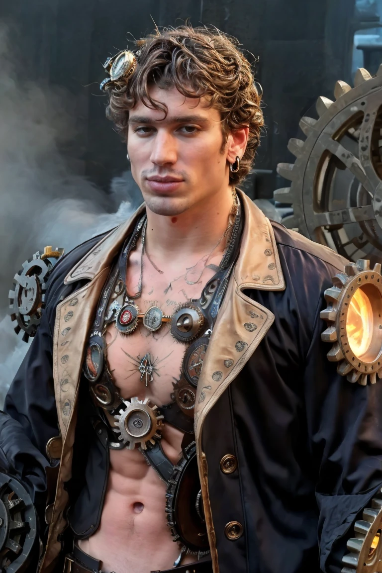 photo of a man,h4ck3rfacial hair, male (steampunk cyborg), gears and cogs, steaming body, realistic, highly detailed, intricate details, detailed background, depth of field, dynamic pose, perfect face, perfect eyes, dynamic angle,  <lora:Vinnie_Hacker_SD1.5:.9>