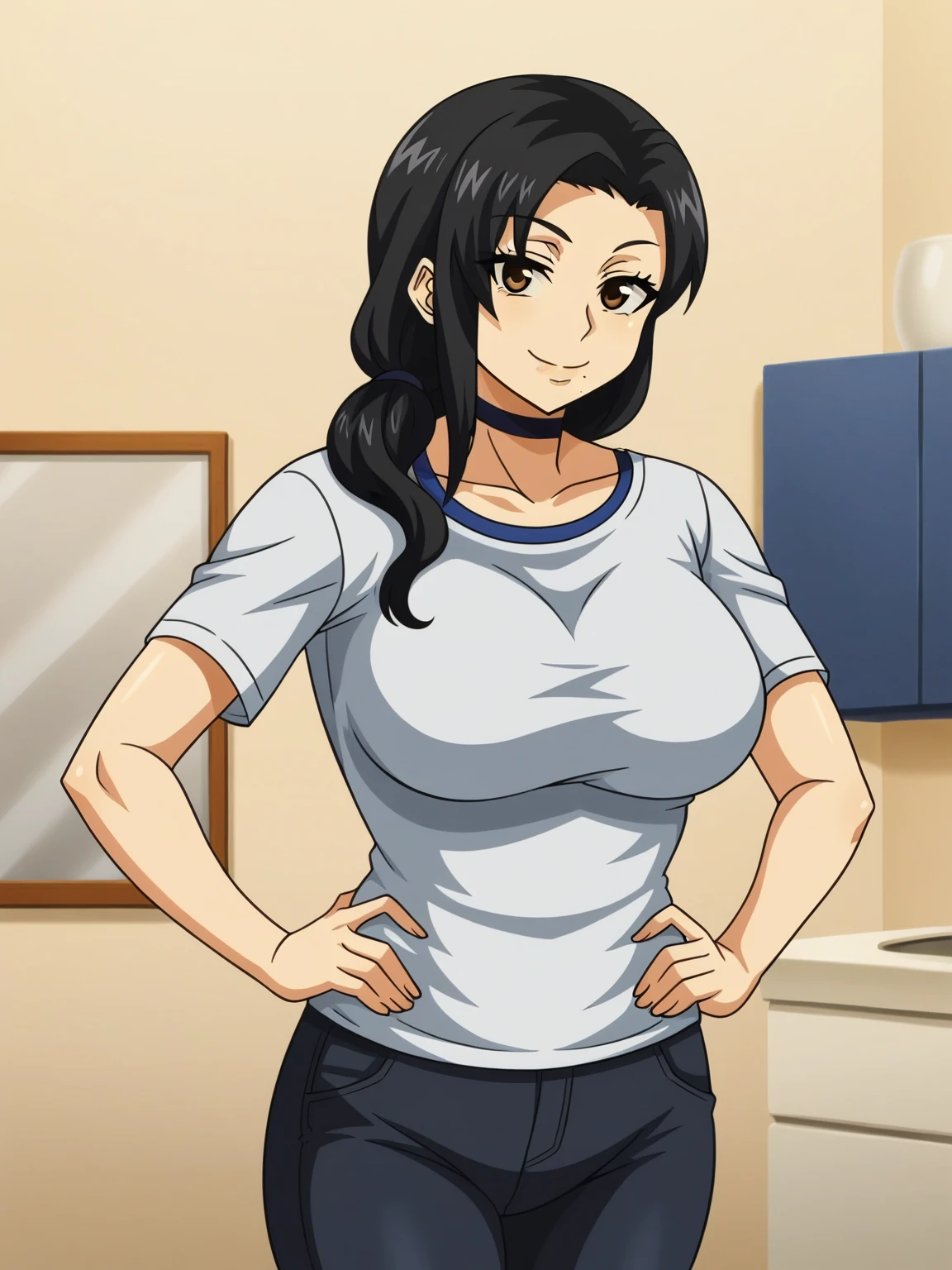 <lora:hitozuma6:0.8>,Tomoko,1girl,solo,black hair,brown eyes,choker,mole under mouth,breasts,t-shirt,pants,cowboy shot,hands on own hips,looking at viewer,smile,indoors