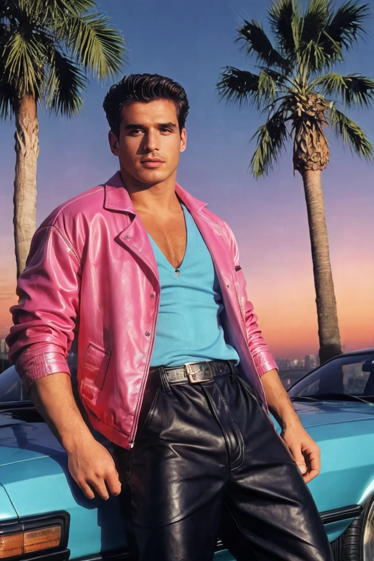 photo of a man,4nt0n,full body shot, facial hair, wearing jacket leaning on a car, leather pants, real 1990s black car, miami vice city background, (vaporwave style), (pink lights, blue hue), fog, sunset, night, palm trees, infinite highway, vaporware sun, muscular, realistic, highly detailed, realistic eyes, intricate details, detailed background, depth of field , <lora:antwon:.8>