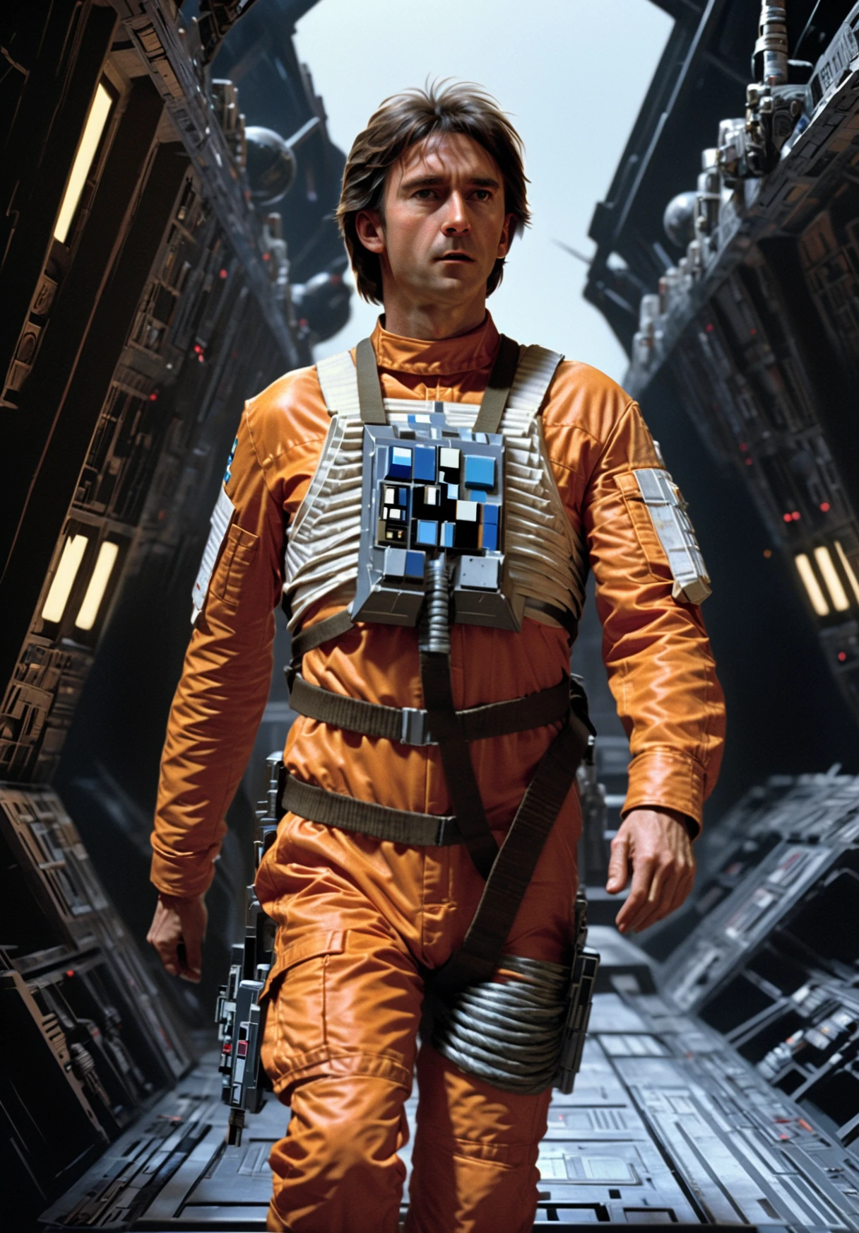 (establishing shot1.5) (side view1.5) of <lora:WedgeAntilles:1> a character from Star Wars is wearing an orange X-Wing fighter pilot outfit, short dark hair, running, background of sci-fi spaceship cargo hold, dramatic shadows, pose inspired by Boris Vallejo, brushwork echoing Carne Griffiths, and color palette reminiscent of Wadim Kashin, set under studio lighting, captured with a 5d camera, in HDR, 8k resolution, sharp focus, infused with a graphic novel aesthetic, cinematic