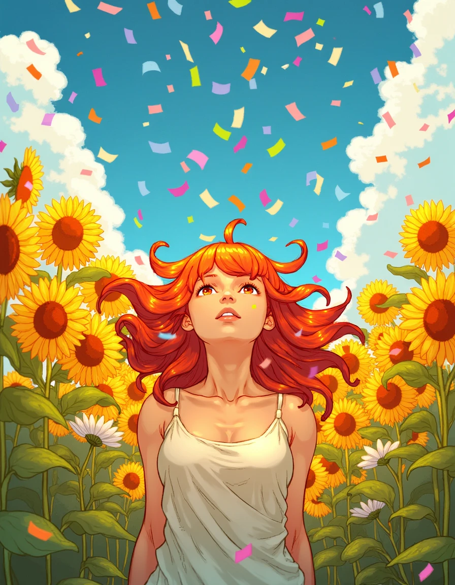 Artwork of woman with bright red hair stands in the middle of a vibrant field filled with daisies and towering sunflowers. Her striking hair contrasts beautifully with the golden hues of the flowers around her. As she gazes upward, colorful confetti surrounds her, filling the air and cascading down like a joyful rain from the sky. The scene is filled with a sense of celebration and wonder, as the falling confetti adds a playful, festive atmosphere to the serene and natural setting. The womanâs expression is one of awe and happiness, as she stands amidst the lively explosion of color and nature. <lora:breathingfire2:1>