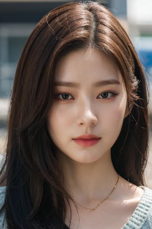 masterpiece, best quality, ultra-detailed, ultra high res, (photorealistic:1.4), raw photo, (realistic:0.2), 8k HDR, realistic lighting, looking at viewer, 1girl, solo, asymmetrical hair, outdoor, (traditional market:1.2), (day), bokeh, (detailed lips), (detailed pores), (detailed skin textures), (detailed face:1.2), (body:1.2), a woman in a cardigan, cowboy shot,