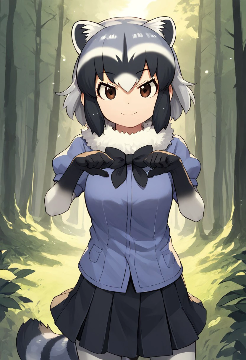 1girl, solo, best quality, ultra-detailed, extremely detailed, perfect anatomy, masterpiece, score_9, score_8_up, score_7_up, Common Raccoon (Kemono Friends), raccoon ears, brown eyes, bangs, multicolored hair, tail, raccoon tail, grey hair, black hair, white hair, short hair, black bowtie, puffy short sleeves, black gloves, elbow gloves, fur collar, pleated skirt, black skirt, blue shirt, pantyhose, black shoes, outdoors, in a forest, standing, smiling, staring at viewer, cute pose, closeup, three-quarters shot, face focus,