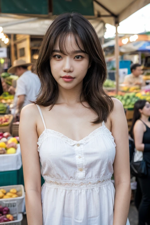 masterpiece, best quality, ultra-detailed, ultra high res, (photorealistic:1.4), raw photo, (realistic:0.2), 8k HDR, realistic lighting, looking at viewer, 1girl, solo, asymmetrical hair, outdoor, (traditional market:1.2), (day), bokeh, (detailed lips), (detailed pores), (detailed skin textures), (detailed face:1.2), (body:1.2), a woman in a sundress, cowboy shot, thigh gap