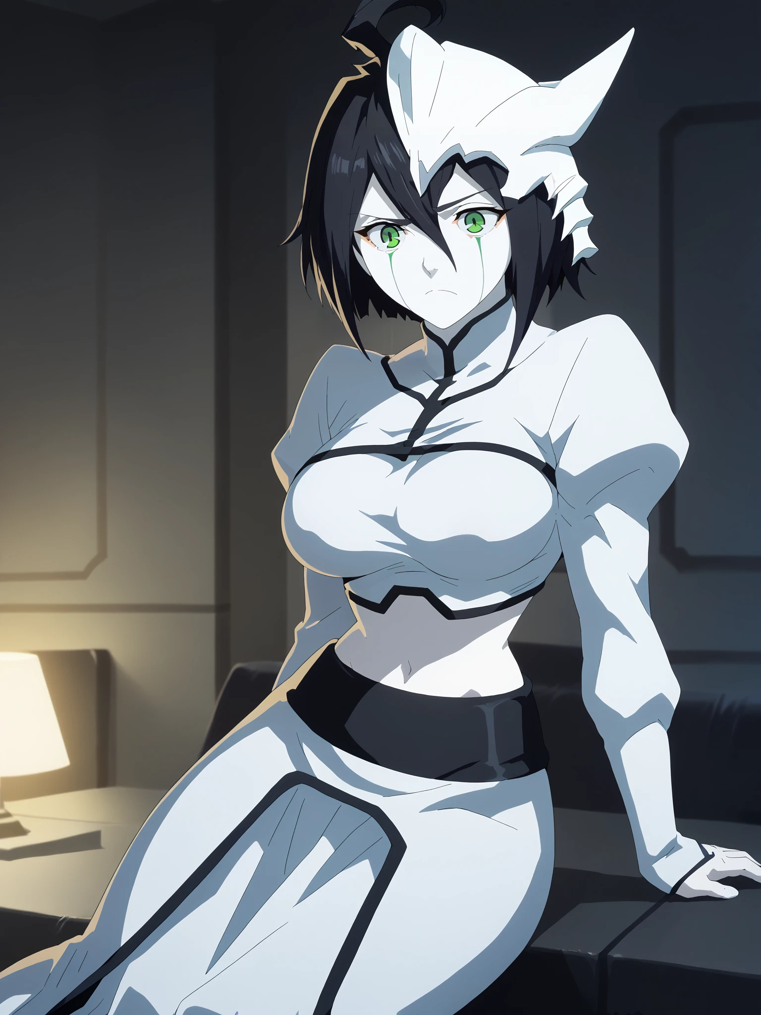 score_9, score_8_up, score_7_up, score_6_up, score_5_up,
Ulquiorra, breasts, 1girl, mask_on_head, black_hair, short_hair, ahoge, large_breasts, green_eyes, white skin, pale_skin, colored skin, bright_pupils, green_eyes, ahoge, white_pupils,
Albedo_overlord,
1girl, green_eyes, black_hair, solo, breasts, ahoge, short_hair, dress, large_breasts, puffy_sleeves, long_sleeves, juliet_sleeves, looking_at_viewer, hair_between_eyes, white_dress, pale_skin, colored_skin, white_skin, frown, midriff, navel, shrug_\(clothing\),
,breast_expansion, bouncing_breasts, unaligned_breasts,
<lora:Ulqui_V15_SDXL:1> <lora:DMGTDK:1> <lora:Cyberpunk_Edgerunners:1>