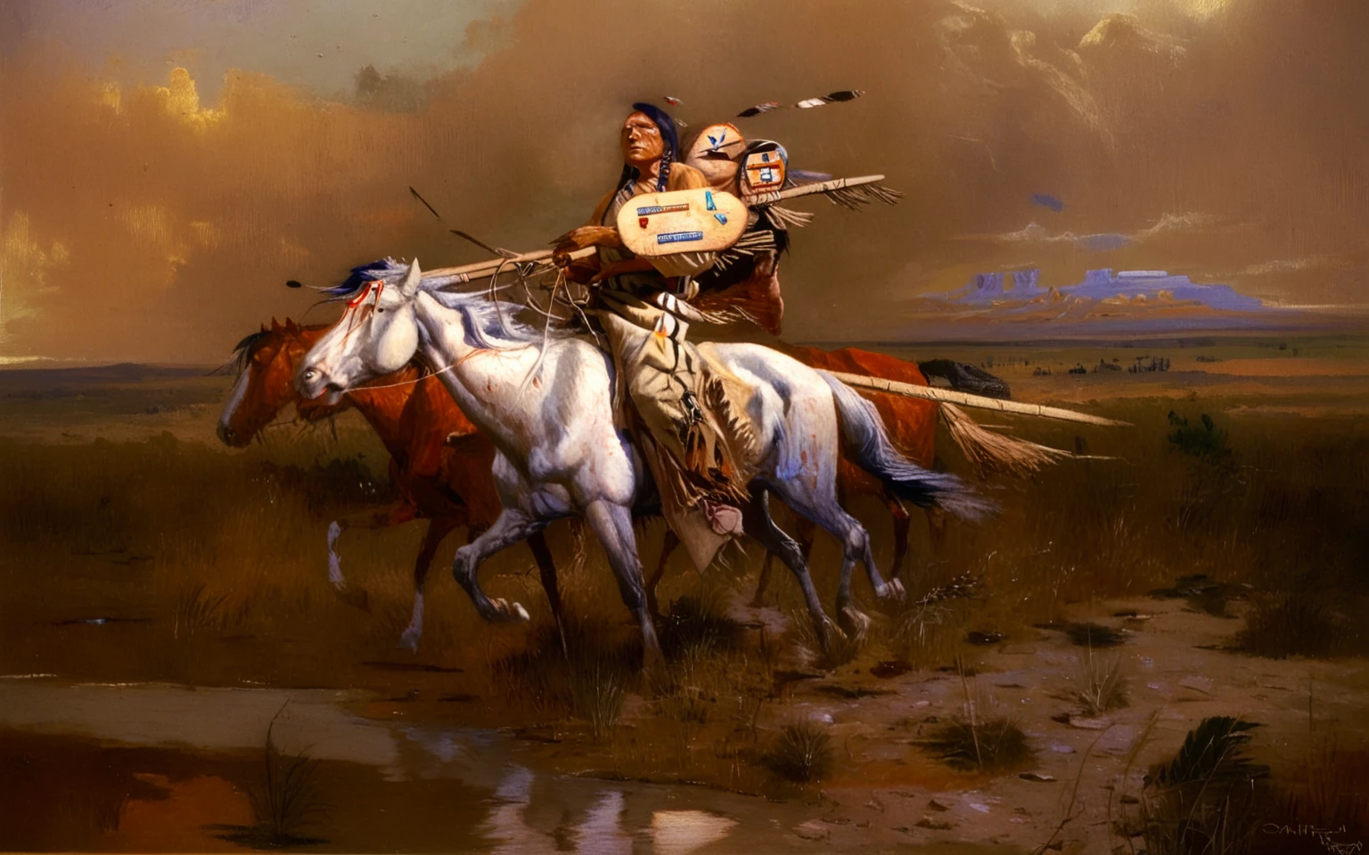 <lora:charles-marion-russel_pony_v6:1> , a native american on a horse, score_9, score_6_up, score_7_up