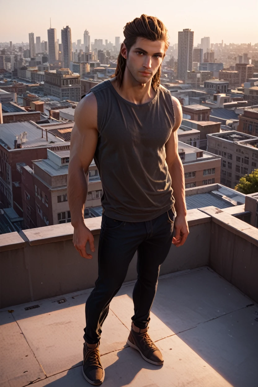 score_9, score_8_up, score_7_up, score_6_up
<lora:ACAlexios:1.0>
ACAlexios, 1boy, brown hair, brown eyes, looking at viewer, Urban rooftop setting, city skyline in the background, golden hour lighting, full body