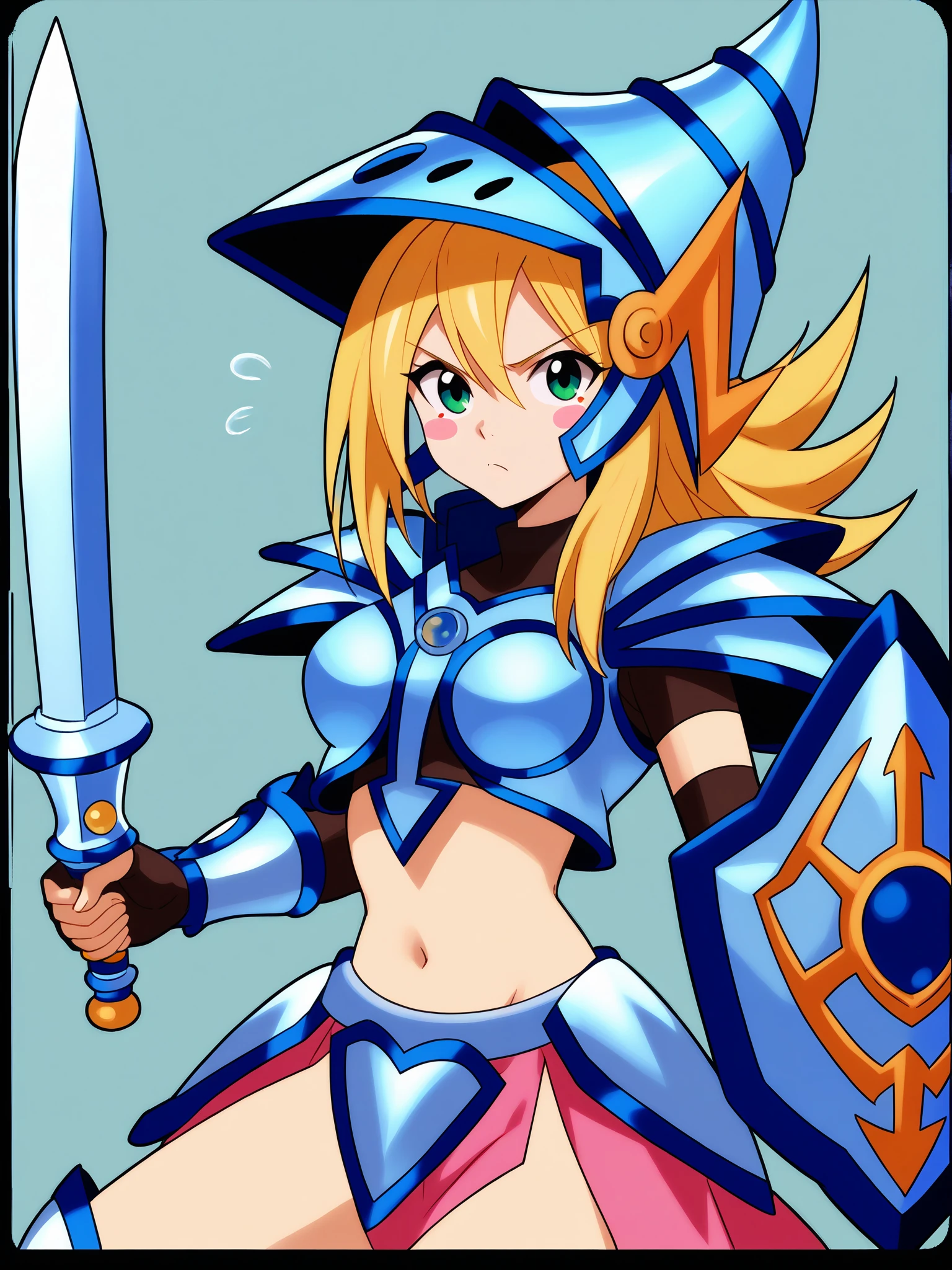 score_9, score_8_up, score_7_up, score_6_up, score_5_up, source_western, western_cartoon, xiaolin_showdown,
DMGTDK, Helmet, Wizard_Hat, Blonde_Hair, 1girl, duel_monster, solo, armor, weapon, sword, blush_stickers, sword, shield, 
DMGTDK, 1girl, duel_monster, blonde_hair, solo, armor, weapon, sword, blush_stickers, long_hair, navel, shield, holding, blue_eyes, midriff, breasts, holding_sword, looking_at_viewer, holding_weapon, helmet, shoulder_armor, blush, green_eyes, boots, greaves, gauntlets, medium_breasts, vambraces, pauldrons, gloves, breastplate
<lora:DMGTDK:1>  <lora:Fairy_Tail:.5>